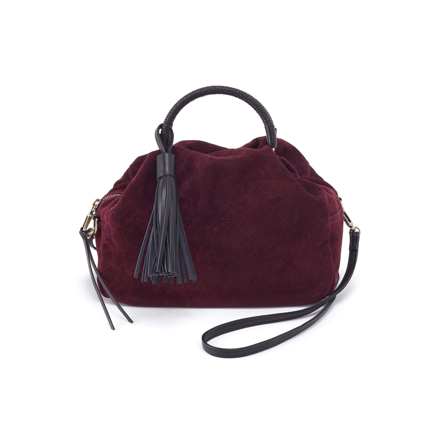 Hobo bag in burgundy suede and black leather